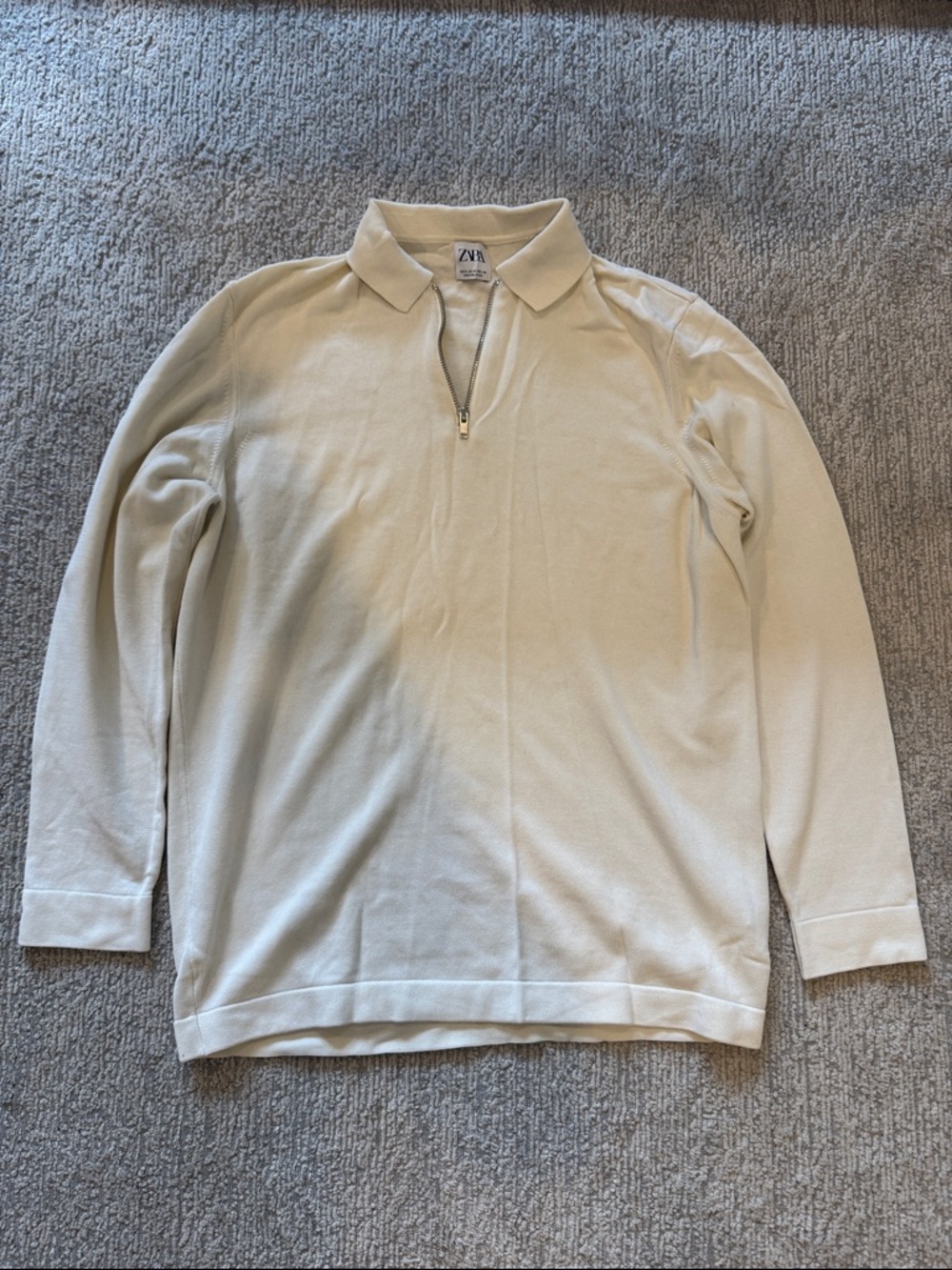 Zara Men Cream Long-Sleeve Zip Polo Sweater